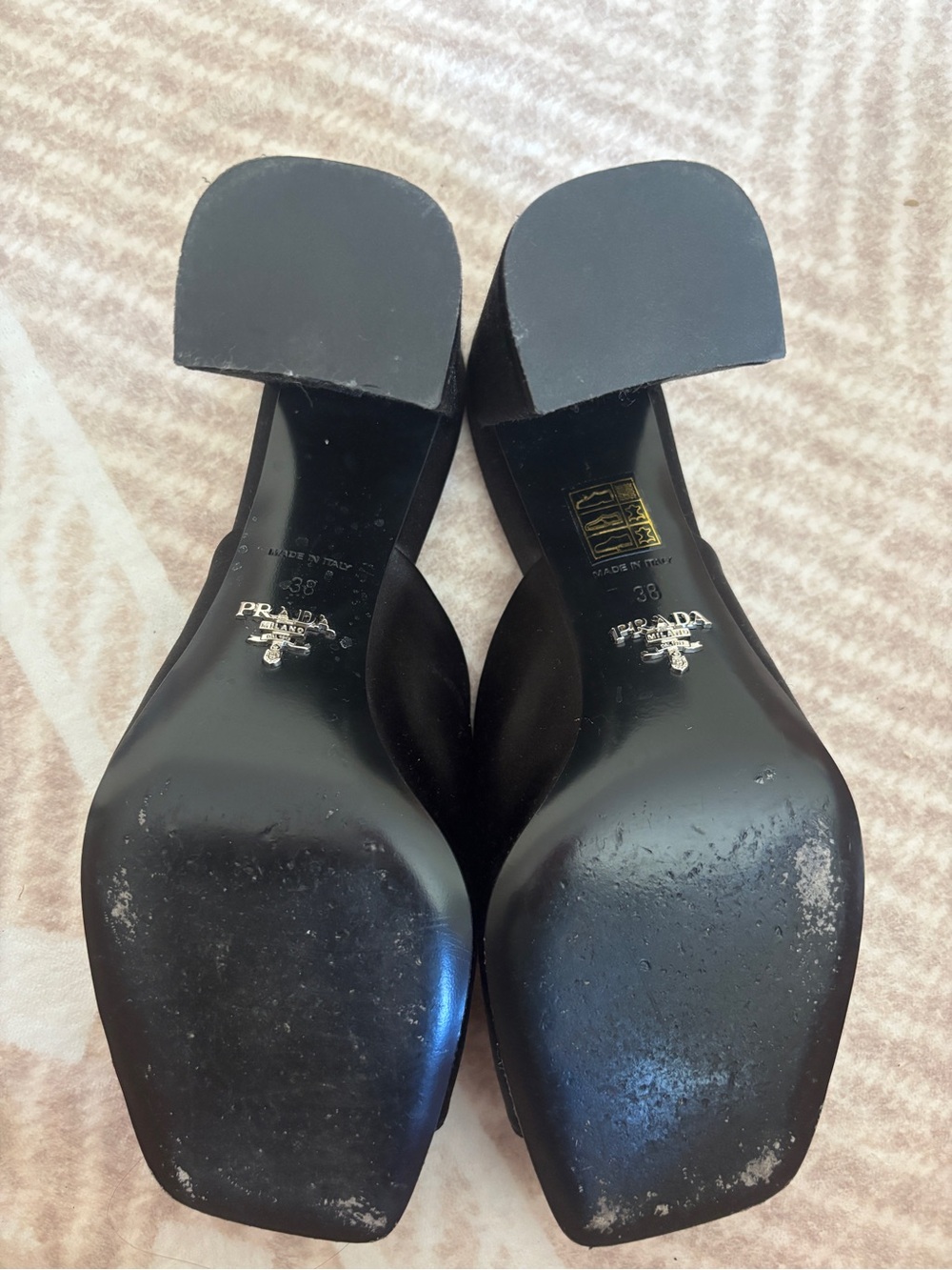Prada Black Satin Triangular Logo Mule Heels - Picture 7 of 7